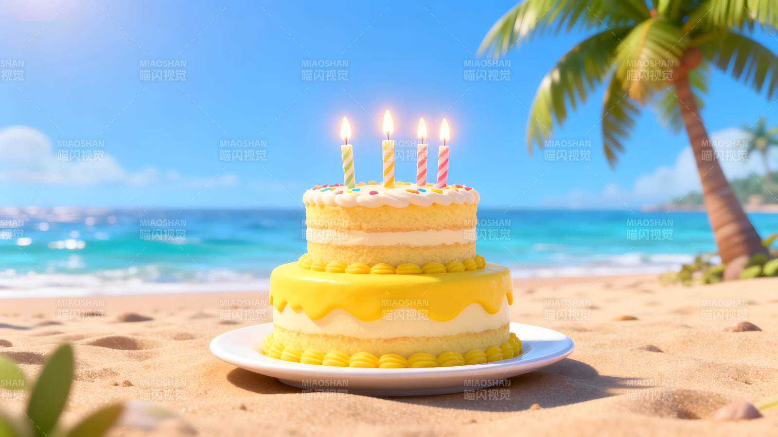 海滩上的生日蛋糕和棕榈树图片