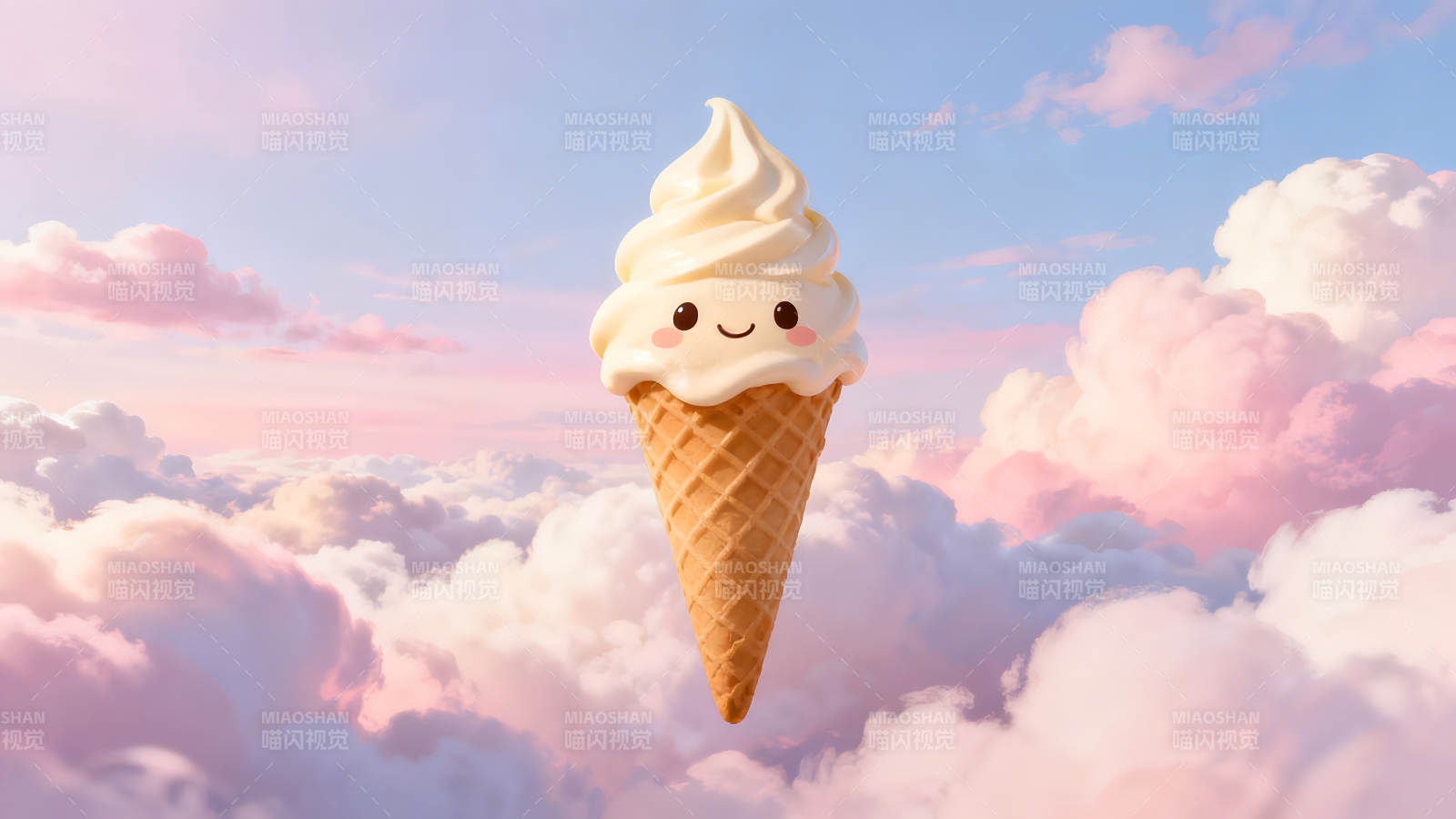 可爱冰淇淋翱翔于粉色云朵之间图片