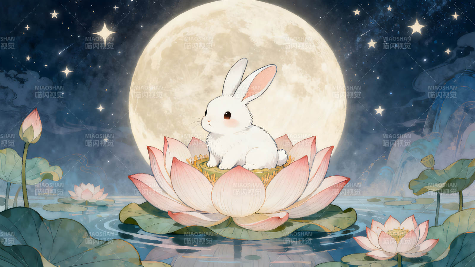 月夜莲花兔子温馨图图片