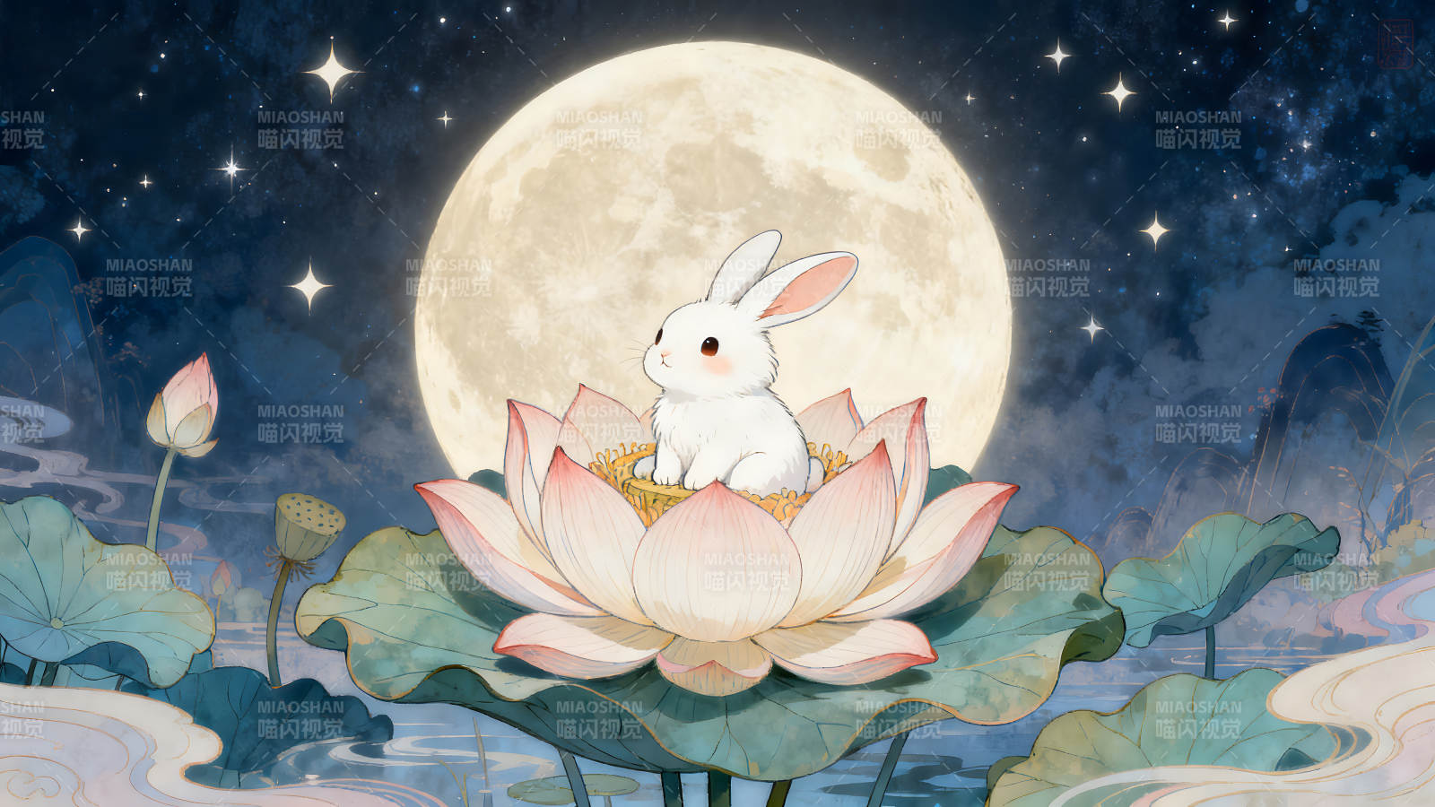 月兔莲花夜色图片