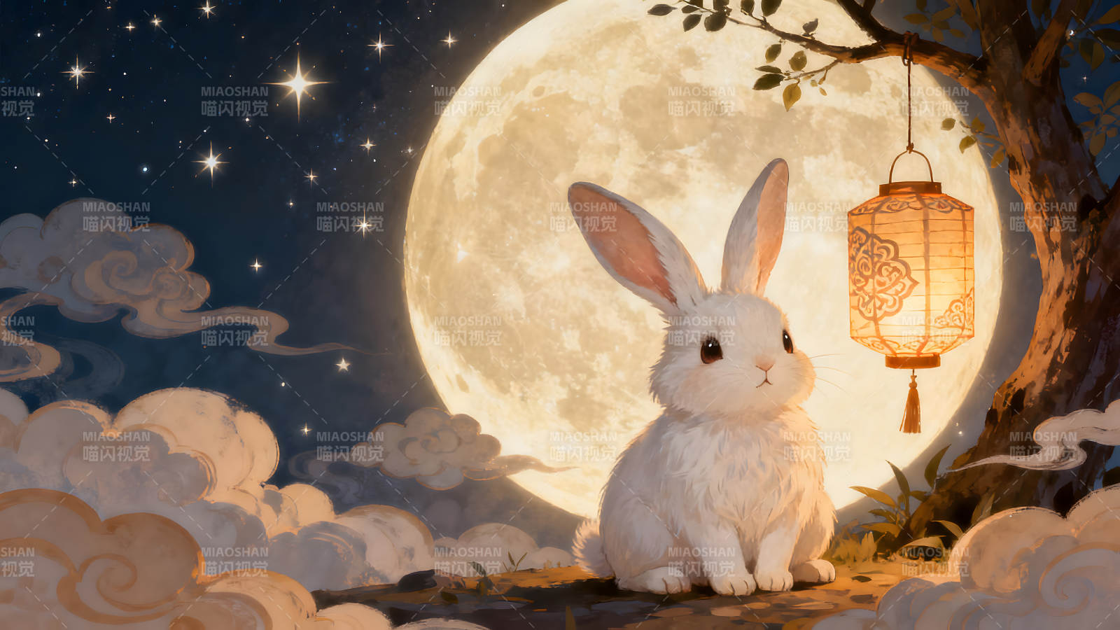 月夜下的可爱兔子与灯笼图片