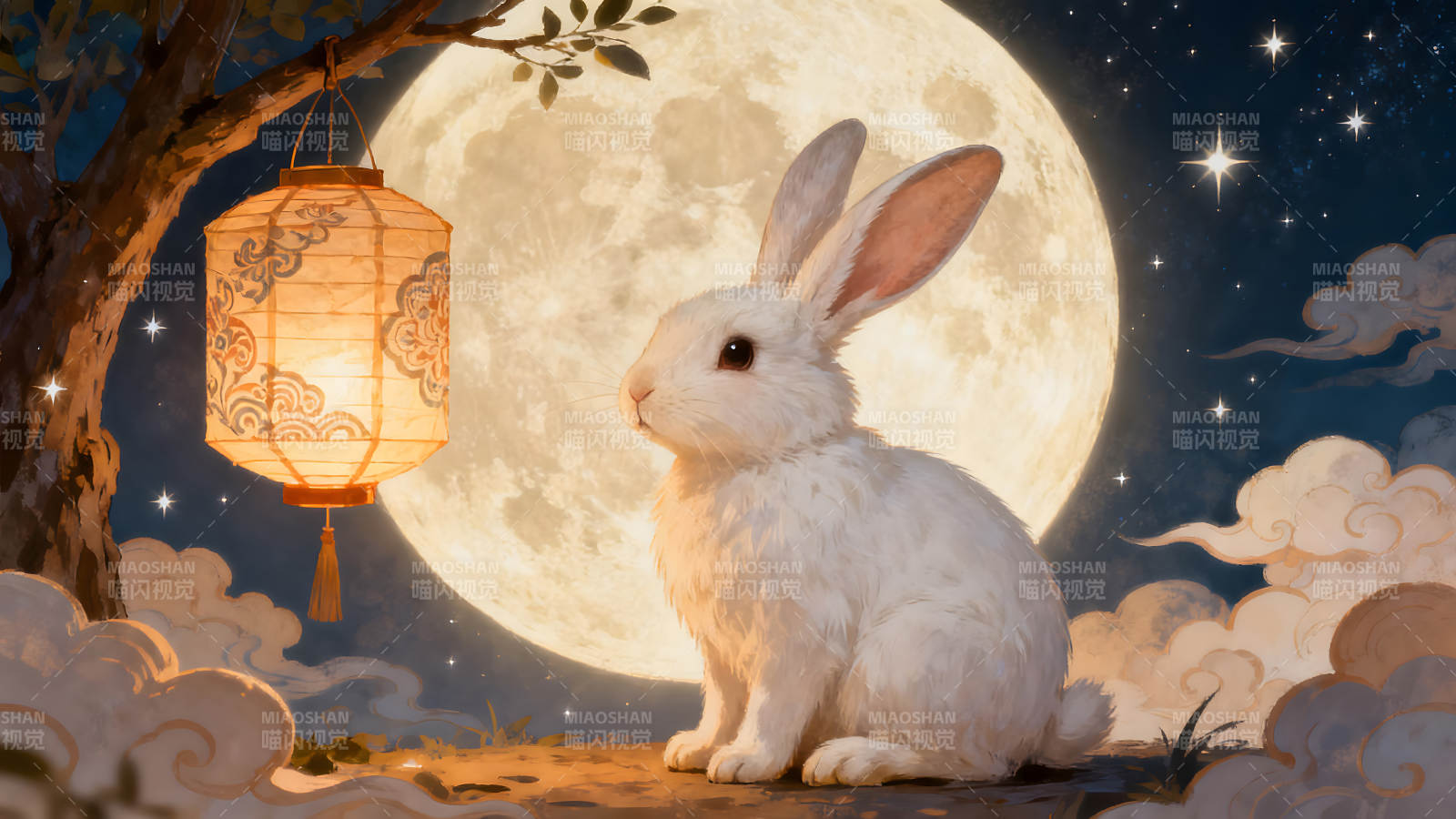 月夜兔子与灯笼静谧温馨图片