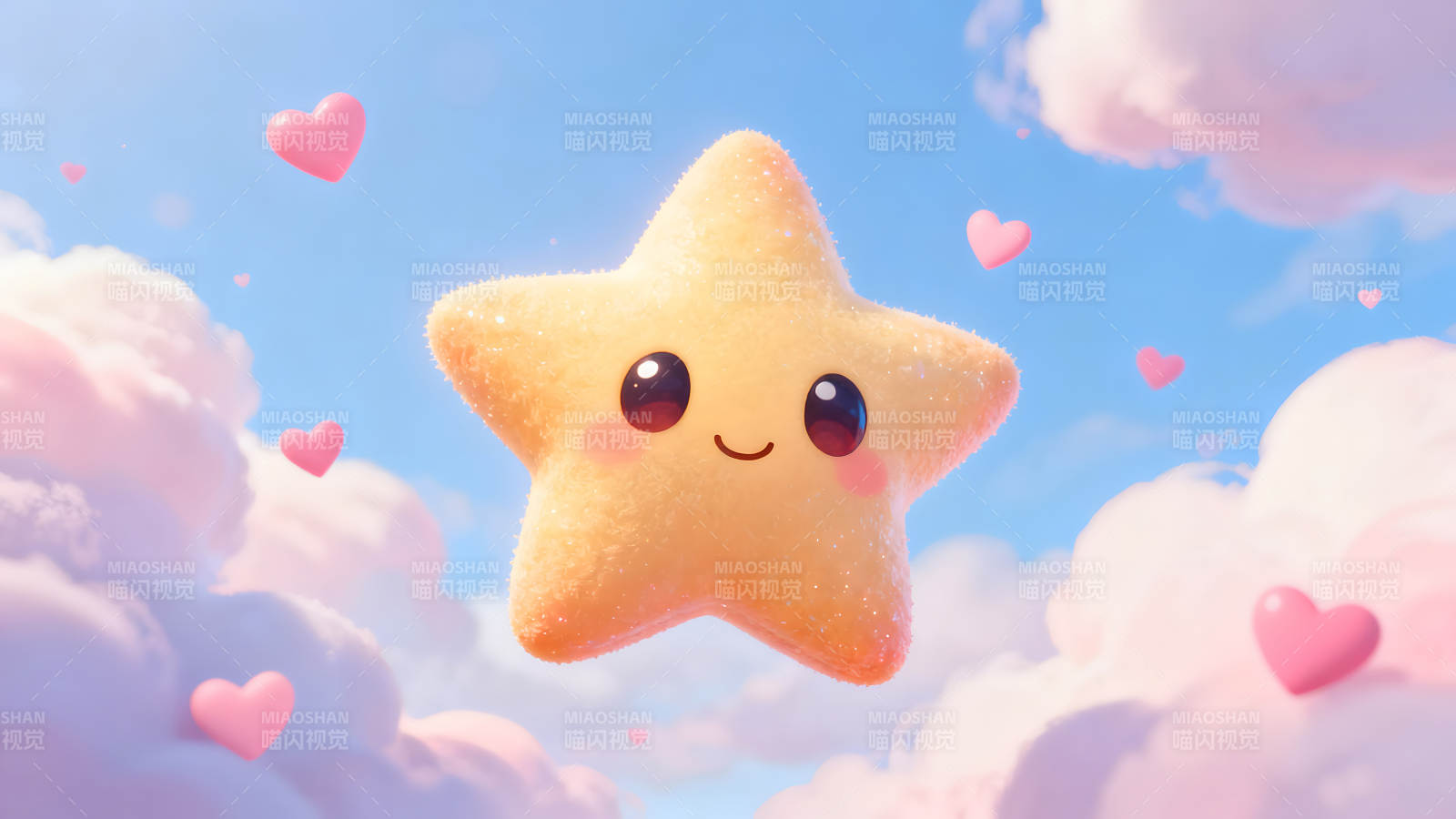 可爱星星与粉色爱心在天空飞翔图片