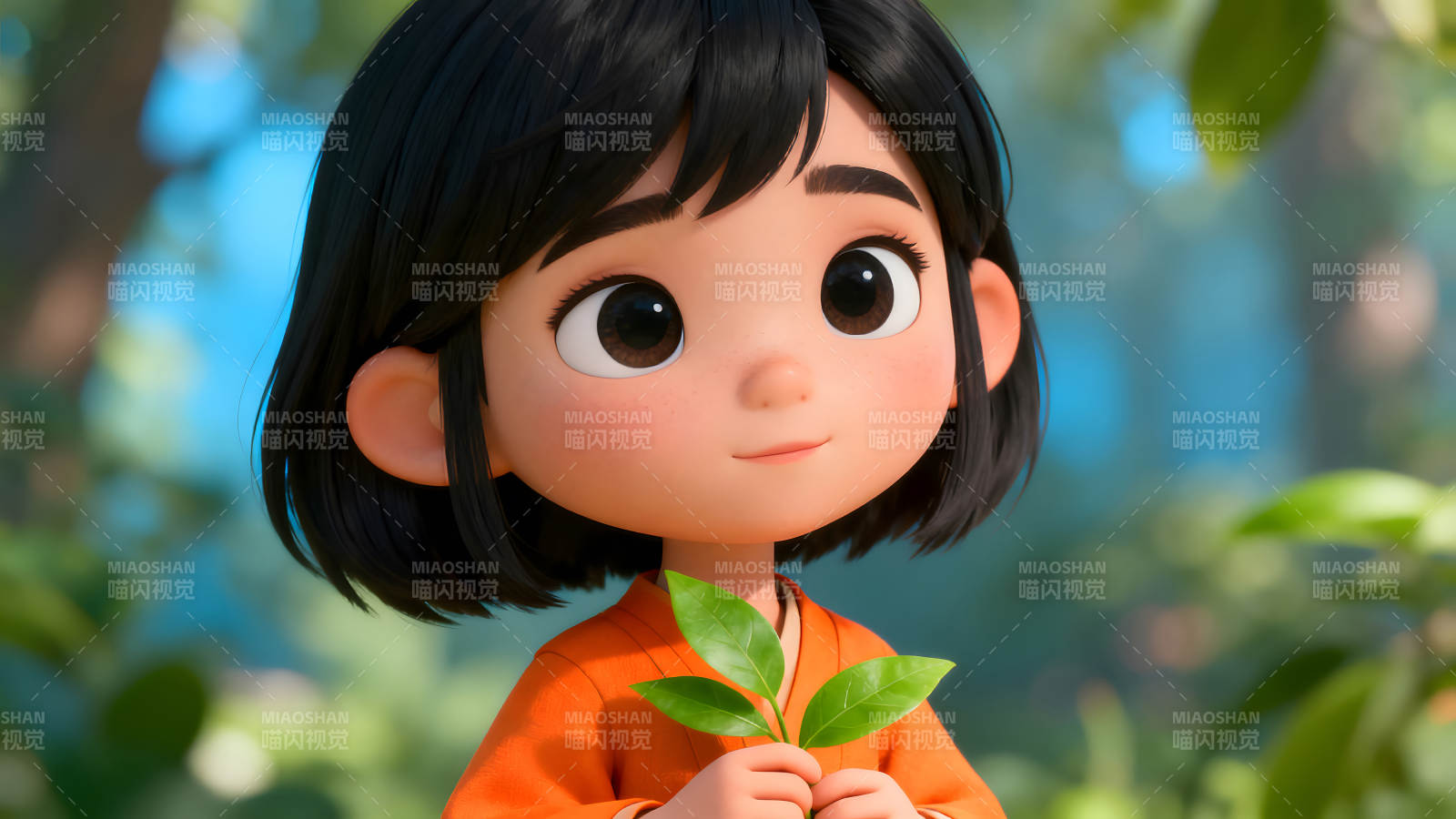 动画女孩手持树叶面带微笑图片