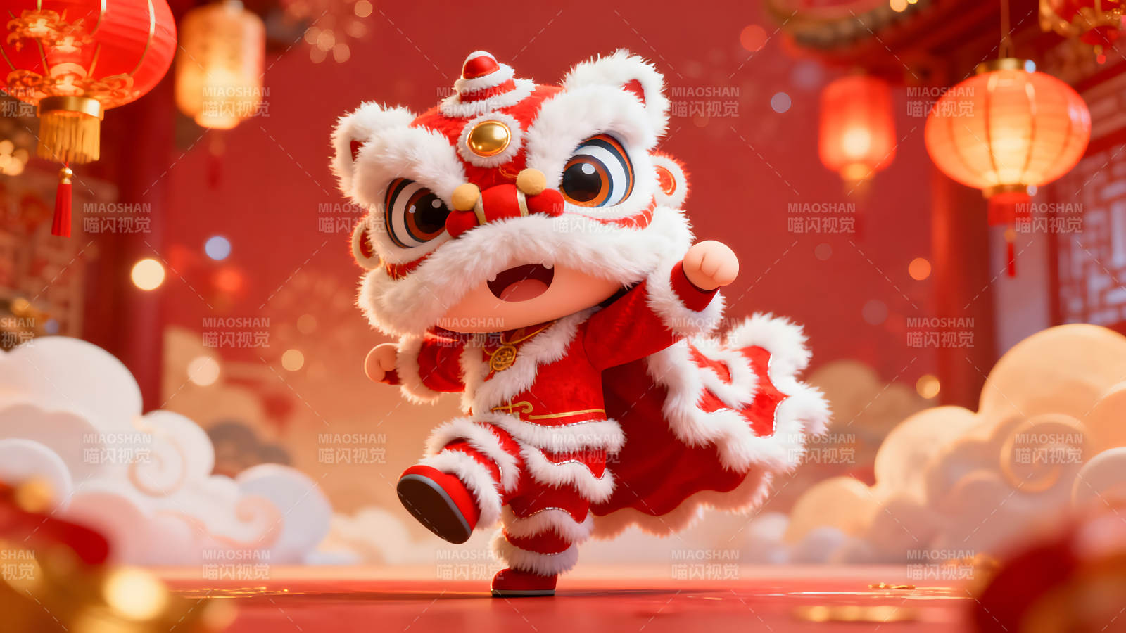 可爱舞狮迎新春喜庆氛围图片