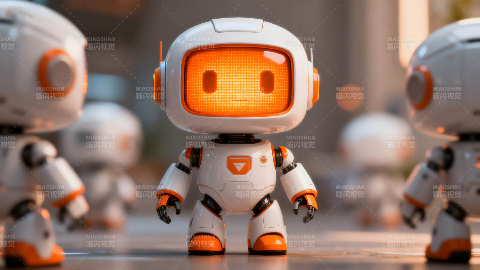 机器人聚集特写明亮橙色眼睛图片