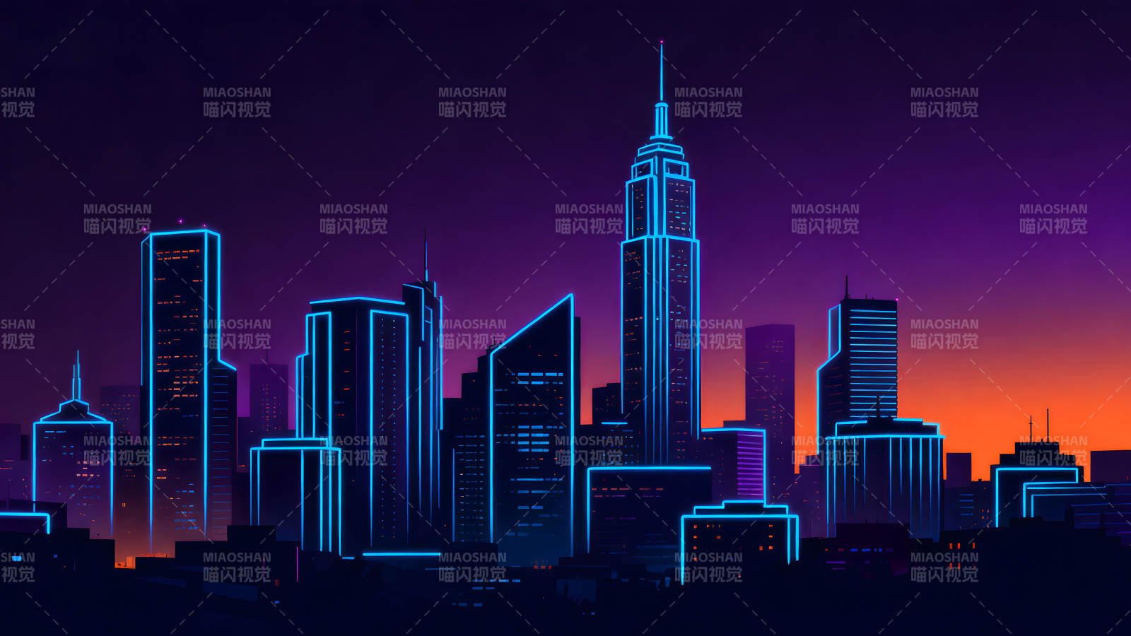 霓虹灯城市夜景蓝光勾勒建筑剪影图片