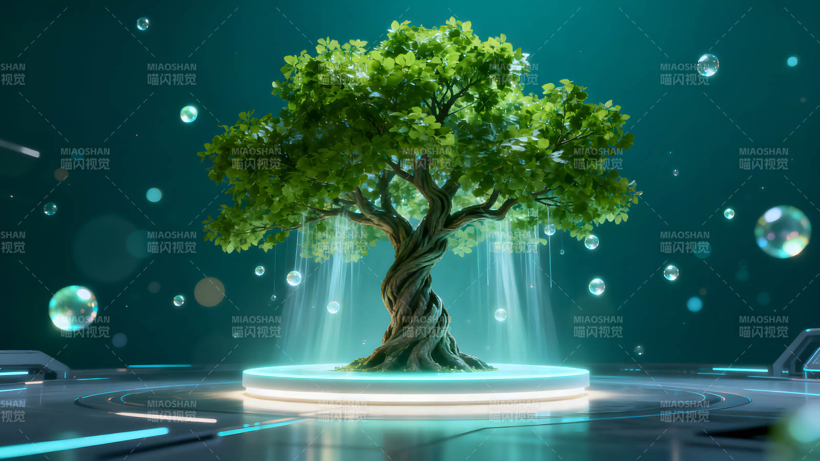 发光树与泡泡的科幻场景图片