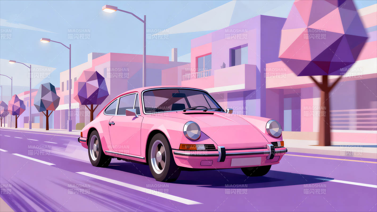 粉色复古跑车行驶在粉色街道图片