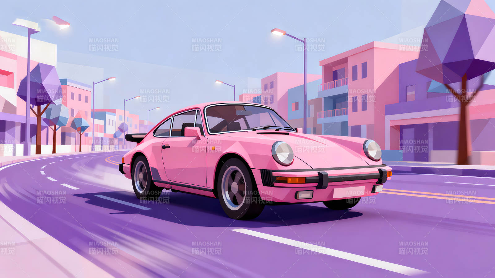 粉色跑车行驶在城市道路上图片
