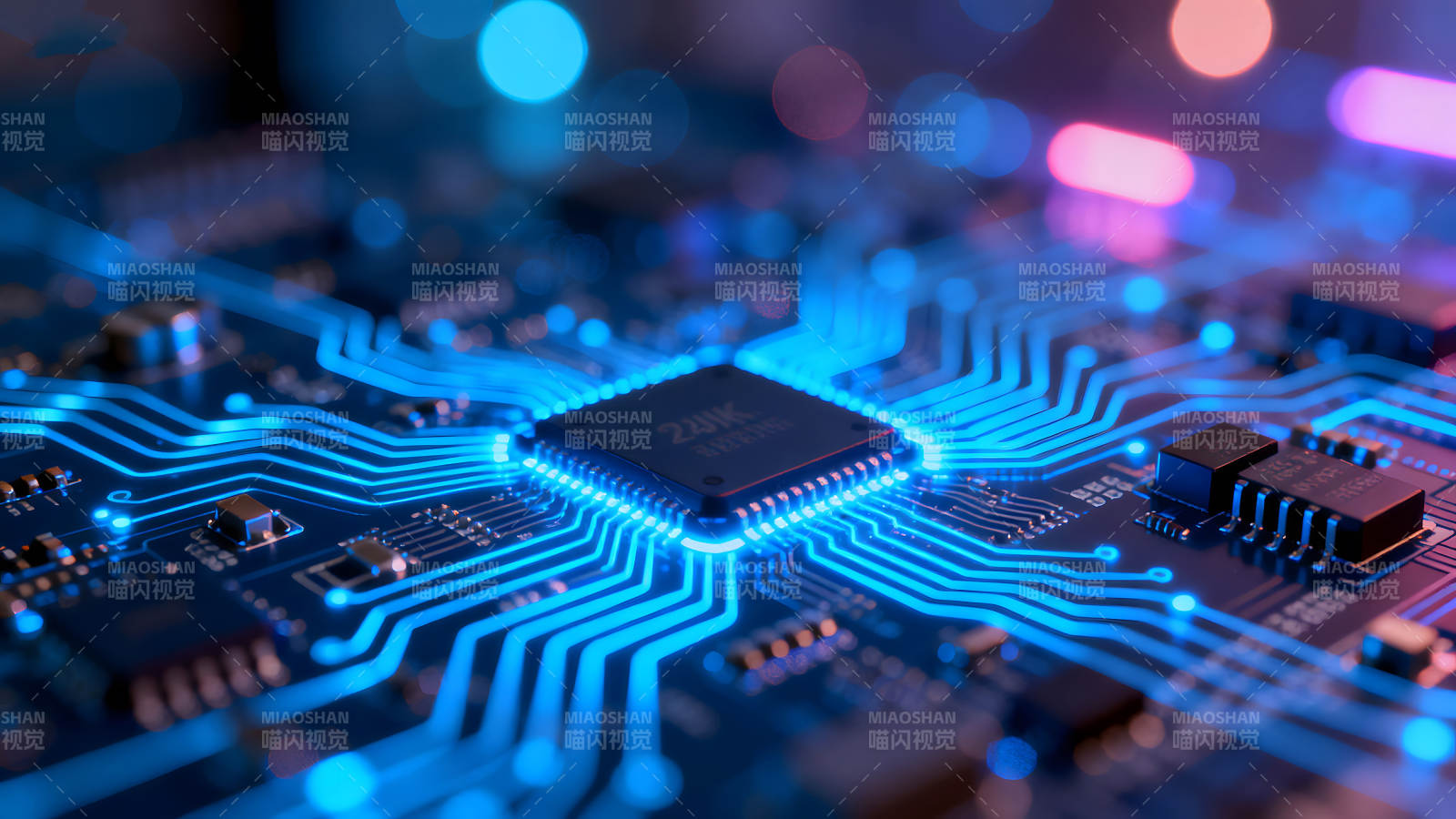 电路板细节特写发光线路与芯片图片