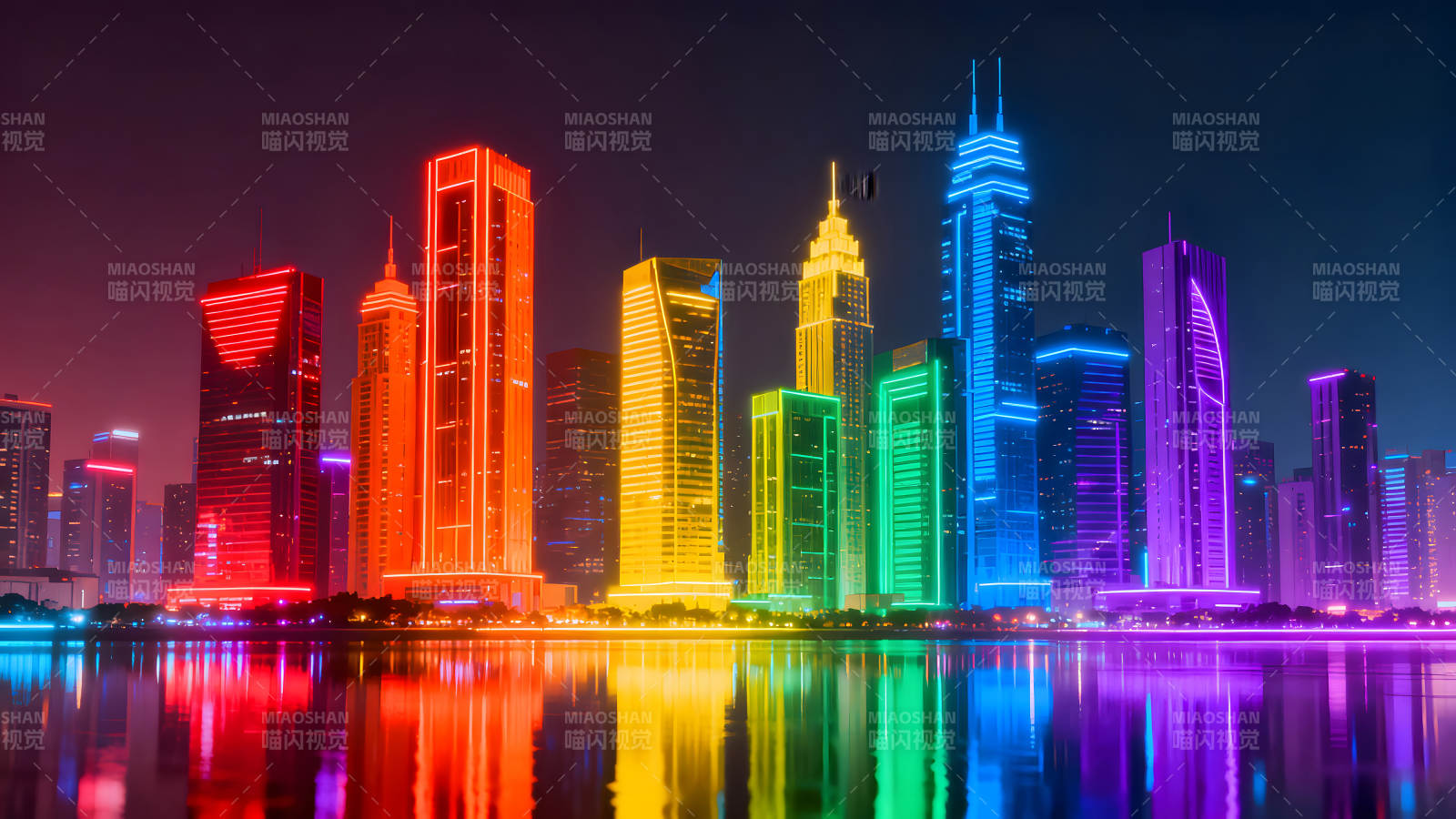 彩虹城市夜景霓虹灯光辉映水面图片