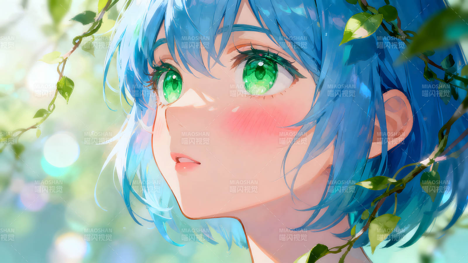 动漫少女凝视远方背景绿叶图片