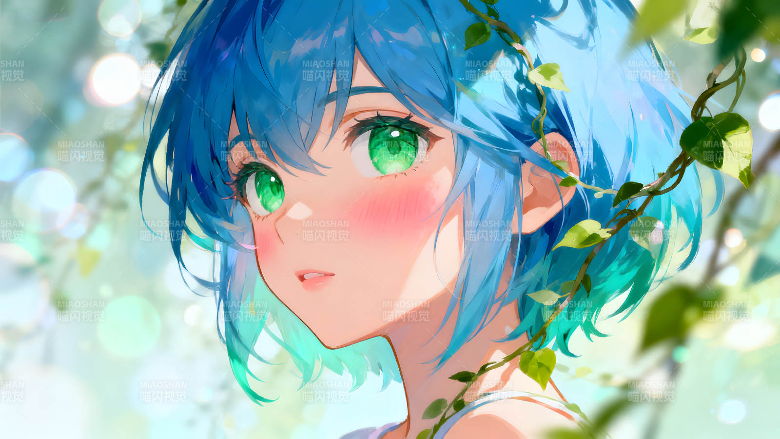 动漫女孩在绿色背景里美丽动人图片