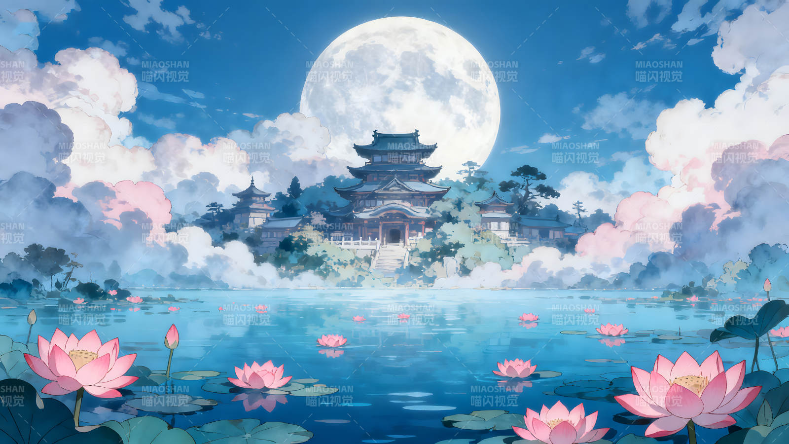 水畔宫殿月夜美景图片