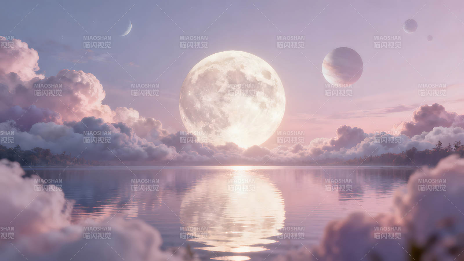 梦幻般的月亮和星球映照在水面上图片