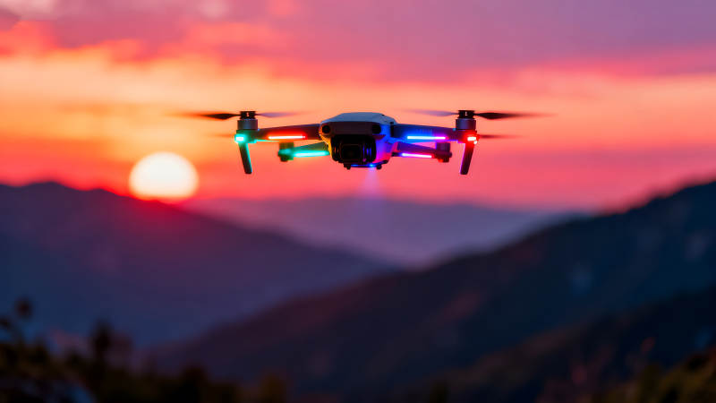 无人机剪影夕阳下飞行图片