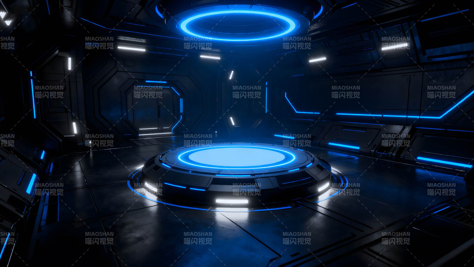 未来科技感空间场景蓝色光效与平台图片
