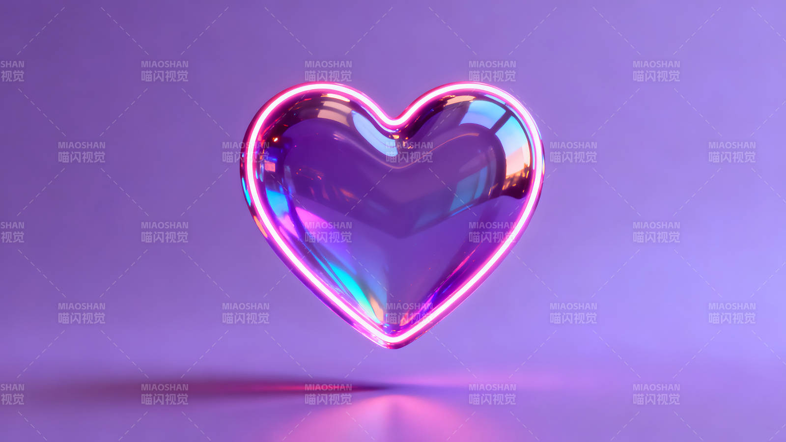 发光的3D心形悬浮在紫色背景上图片
