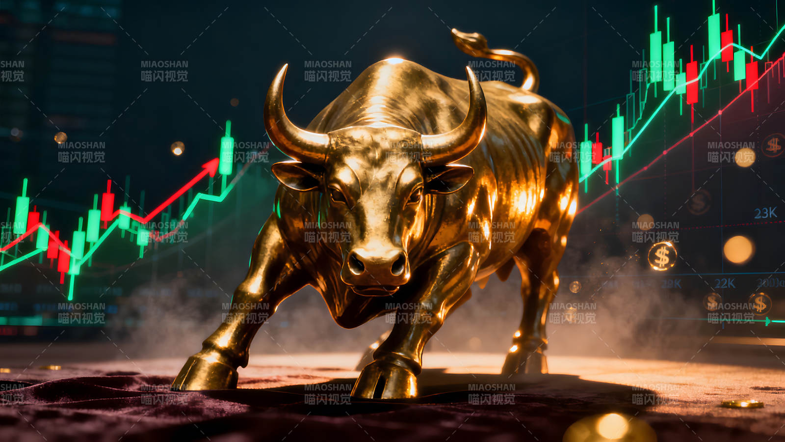 黄金公牛雕塑与股市图表图片