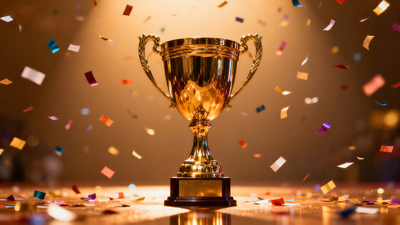 金色奖杯庆祝场景缤纷彩带飞舞图片