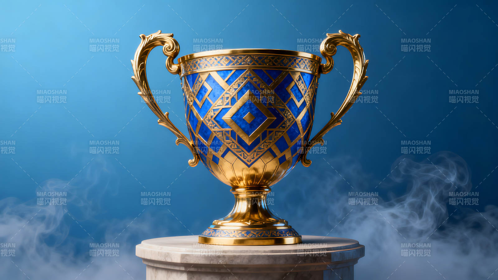 精美奖杯置于石台上蓝色背景图片