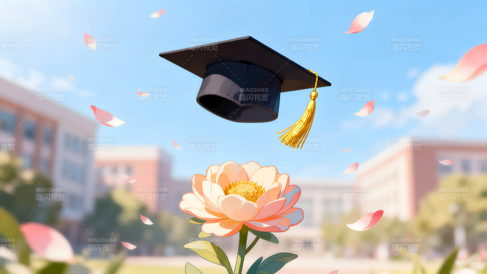 毕业季鲜花与学士帽飞舞图片