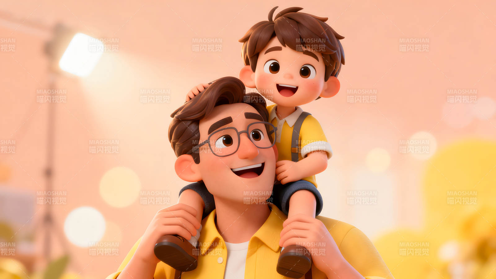 父亲背着孩子露出灿烂笑容图片