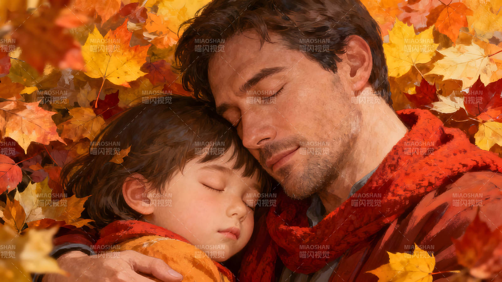 父子依偎在落叶中图片