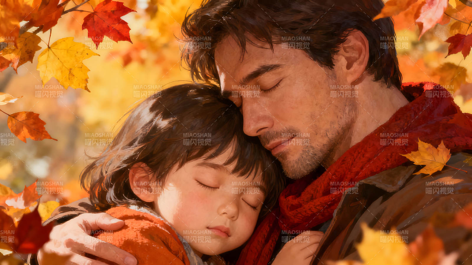 秋日父女相拥温暖治愈图片