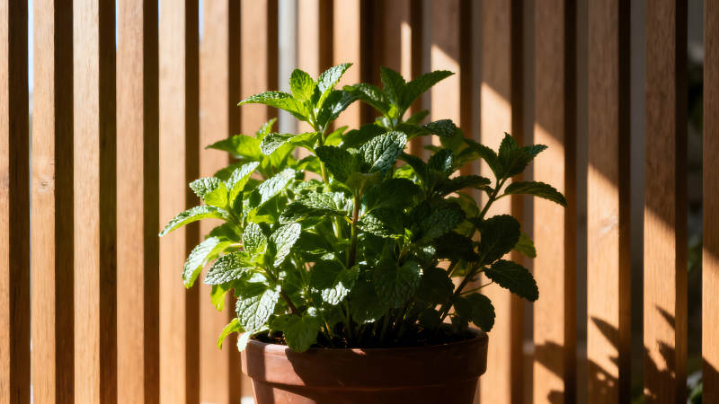 阳光下的薄荷盆栽图片