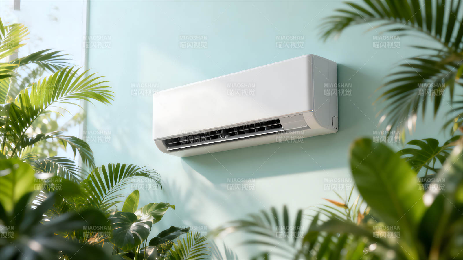 空调安装在浅绿色墙壁上图片