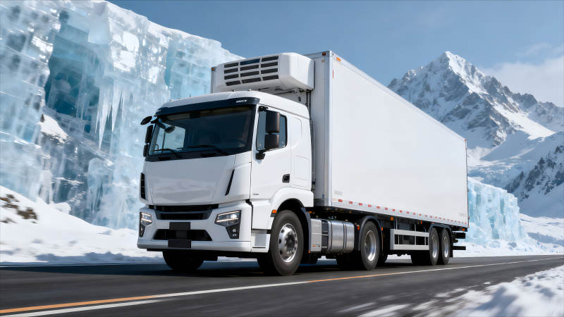 冷藏卡车行驶在雪山之间图片