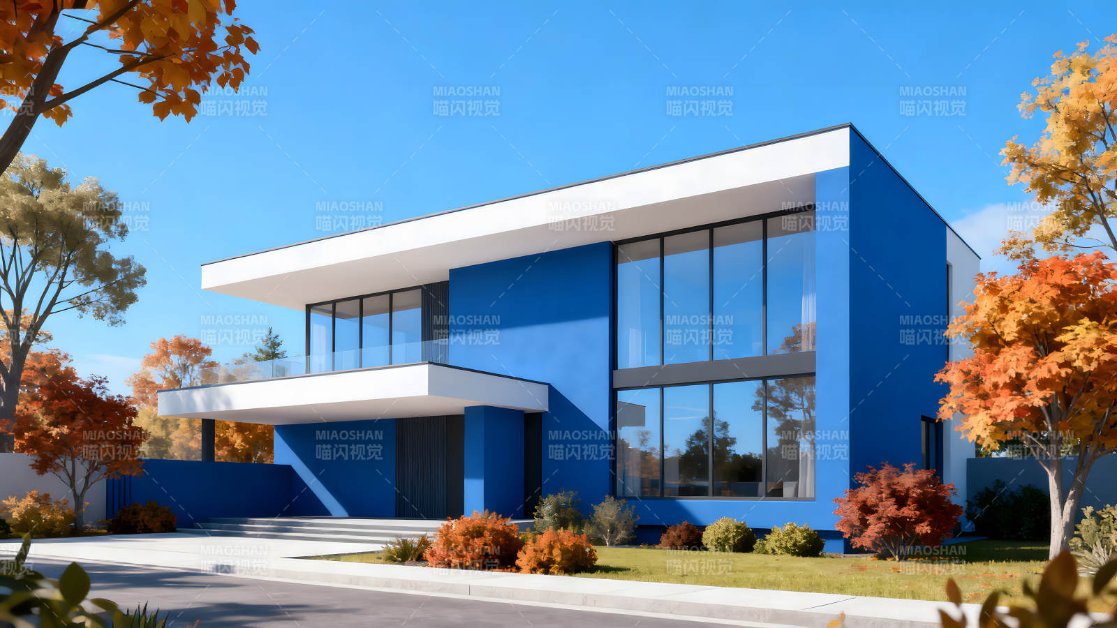 蓝色的现代住宅与秋日景色图片