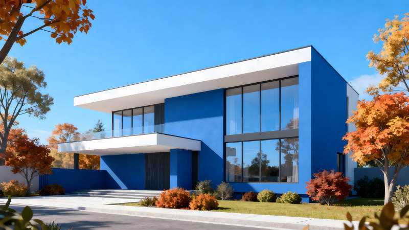 蓝色的现代住宅与秋日景色图片