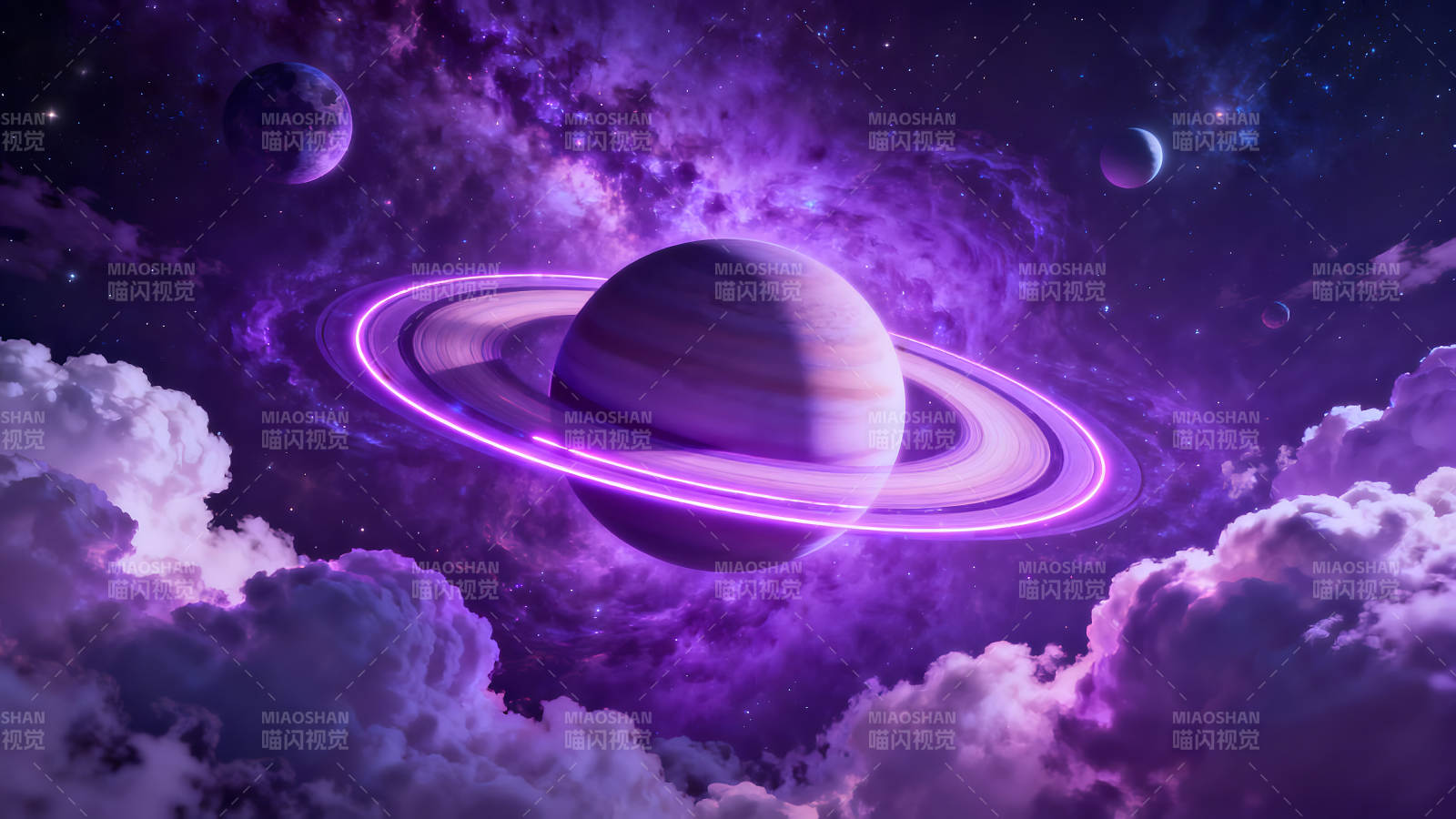 紫色星空中的星球与云朵美丽而梦幻图片