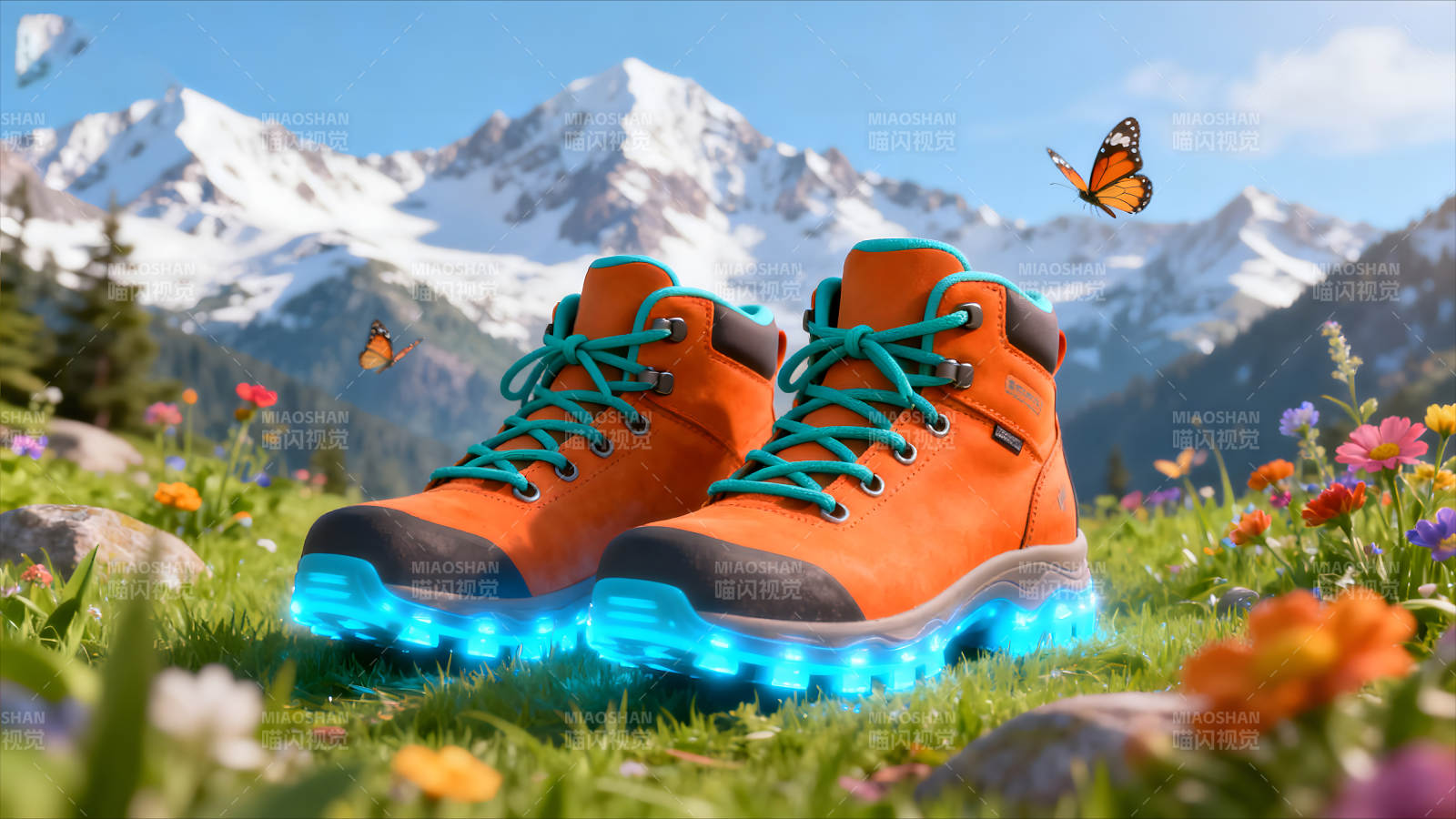 登山鞋与蝴蝶的梦幻景象图片