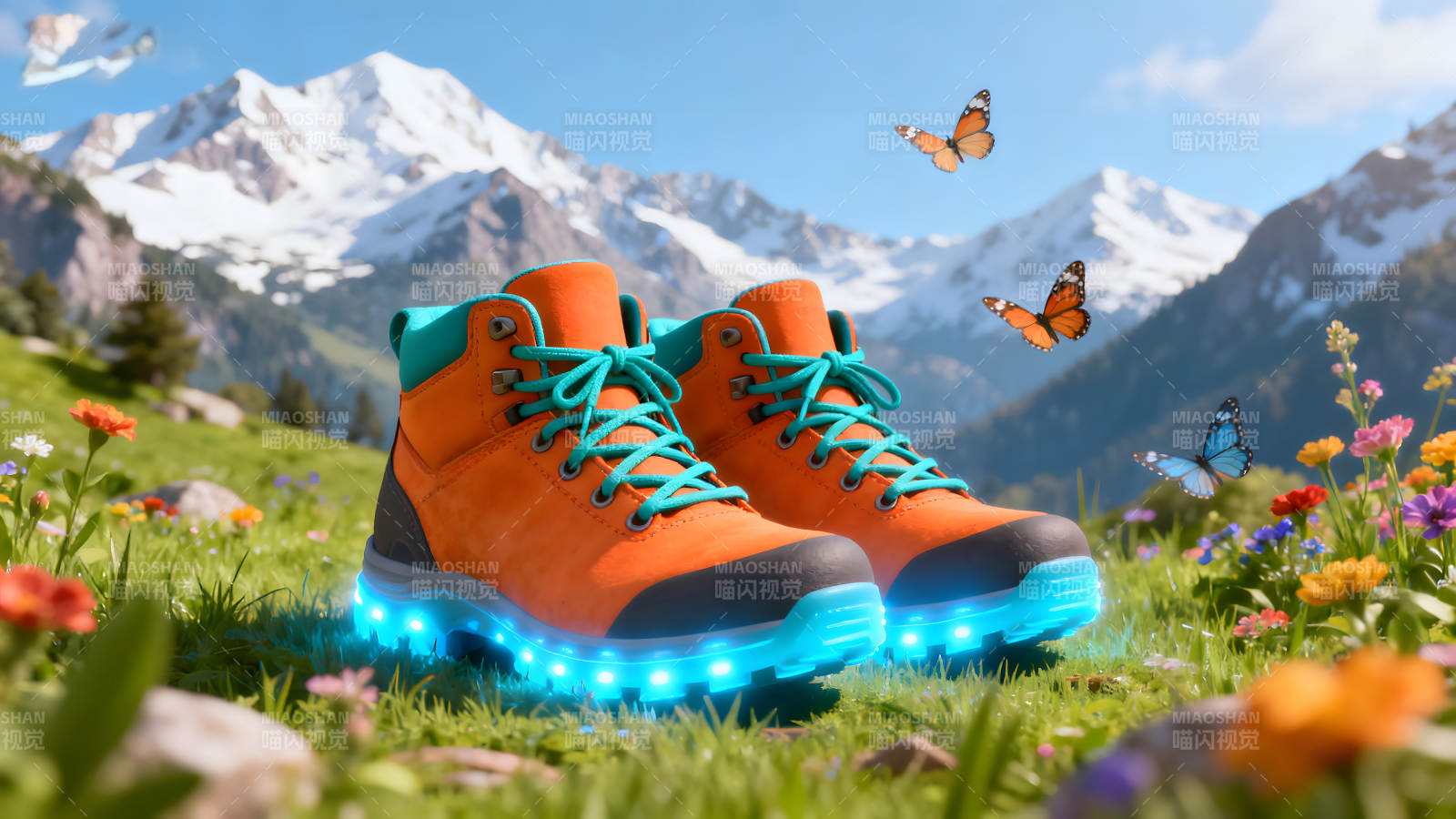 户外靴子在草地上发光图片