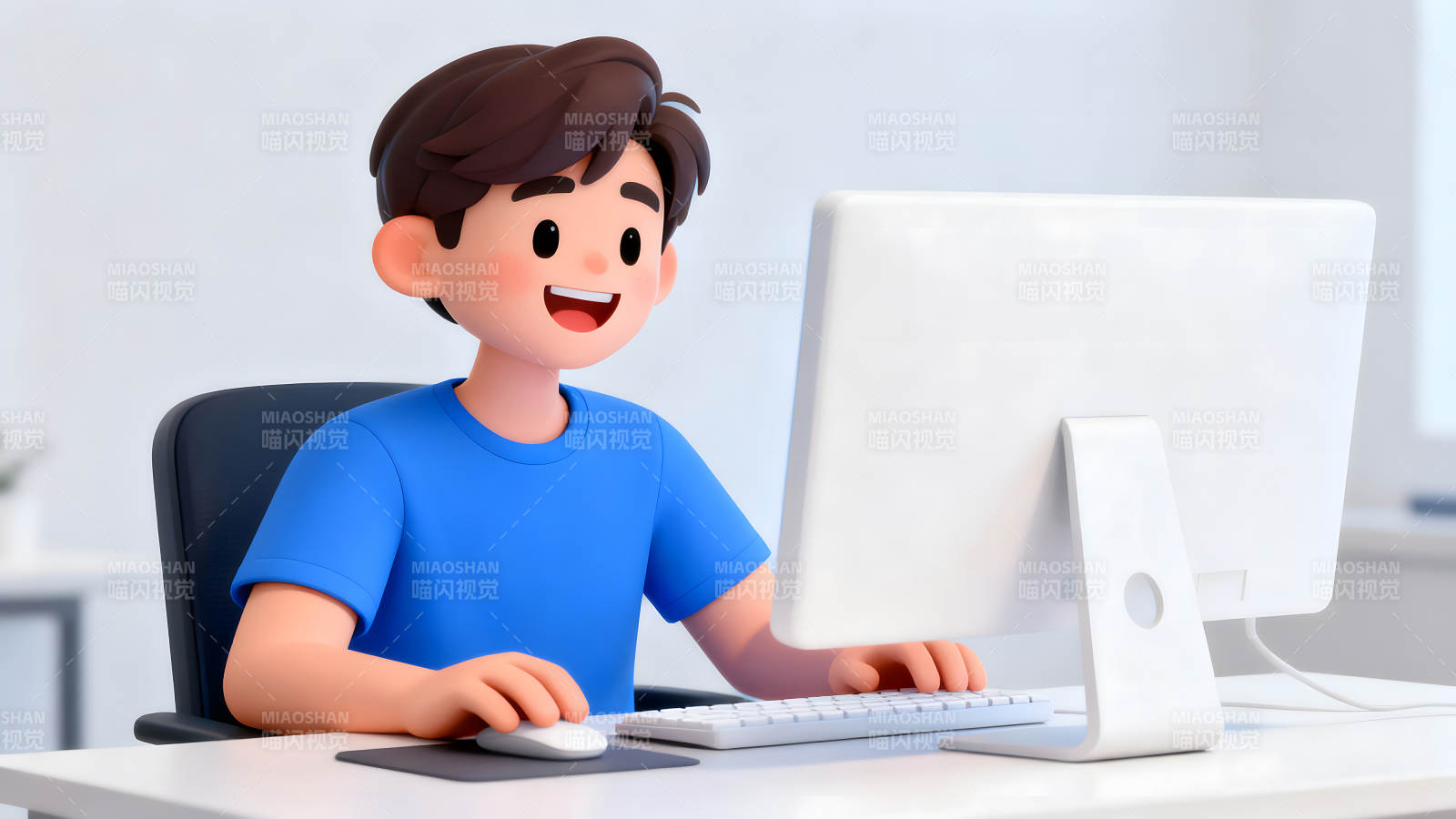 卡通男孩使用电脑工作或学习图片