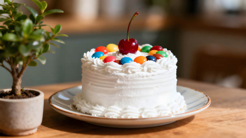 蛋糕上放樱桃和彩虹糖搭配盆栽温馨氛围图片