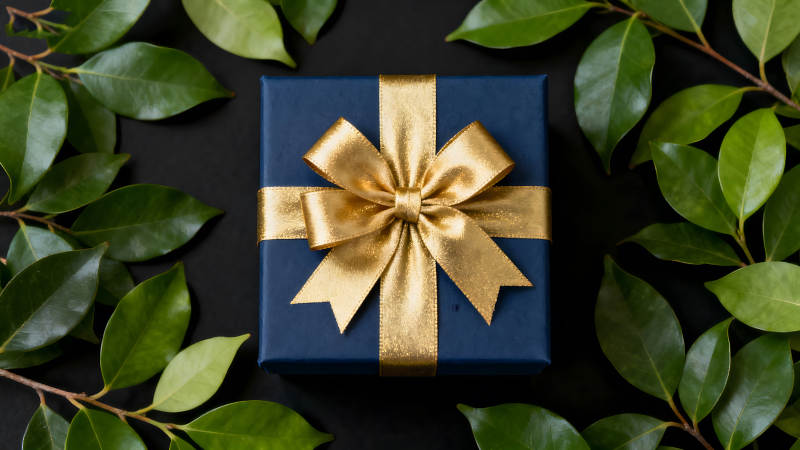 精美礼盒金色丝带与绿叶点缀图片