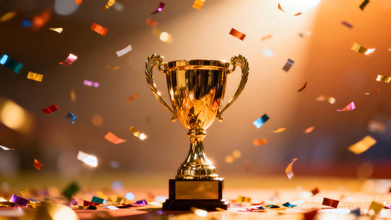金光闪耀的奖杯与飘舞的彩带图片