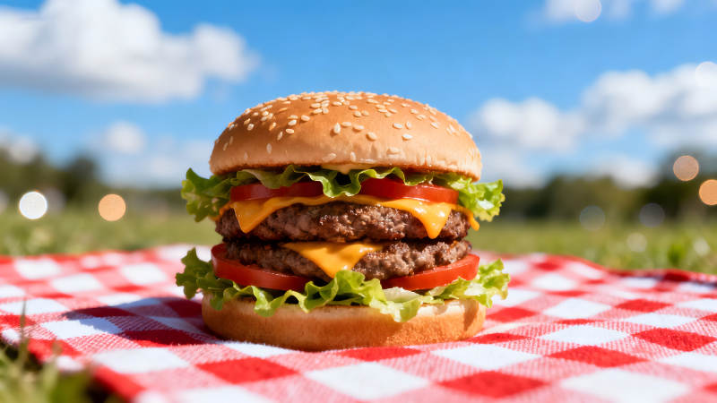 美味汉堡在野餐布上图片