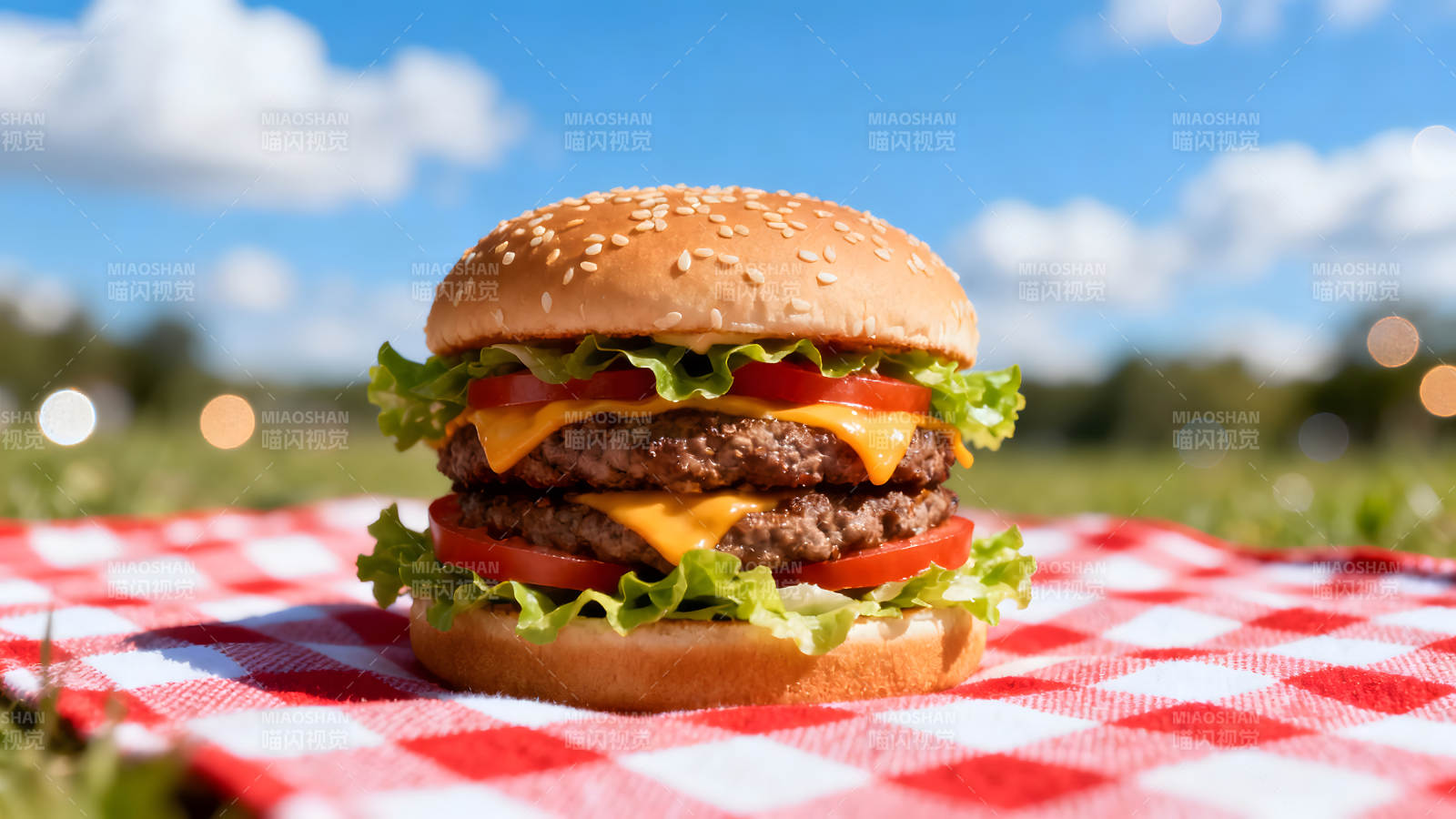 美味汉堡在野餐布上图片