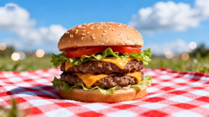 美味汉堡户外野餐食物特写图片