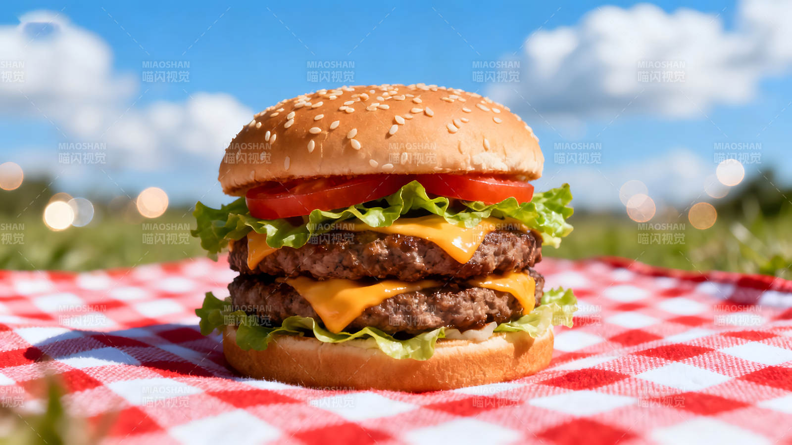 美味汉堡户外野餐食物特写图片