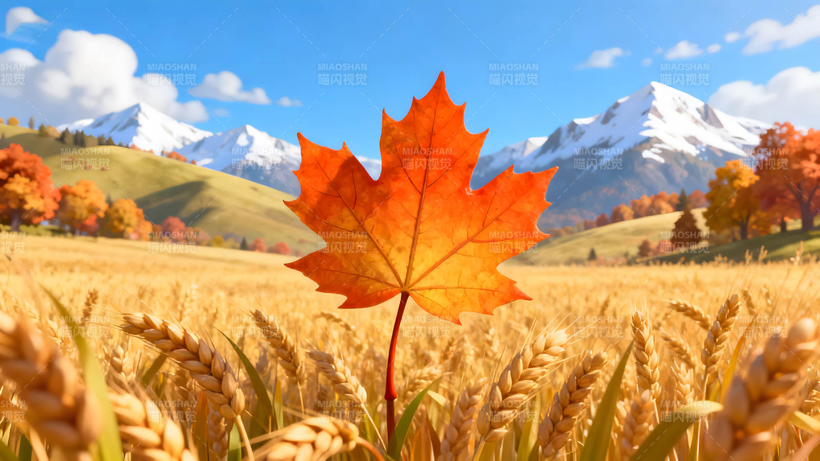 秋日麦田枫叶雪山风光图片