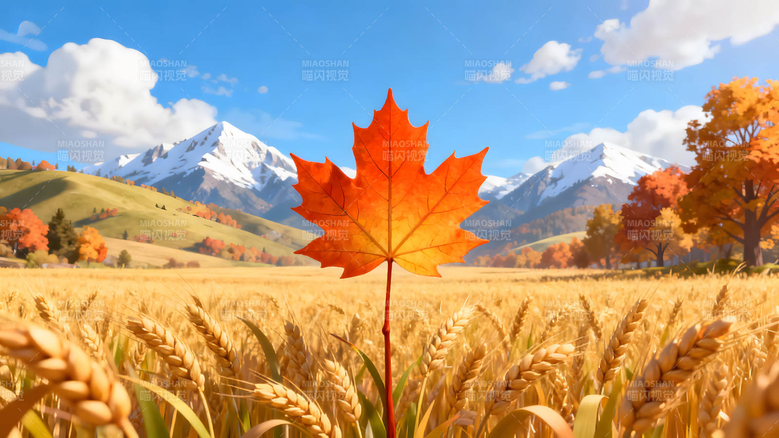 秋日风景下的枫叶与麦田图片