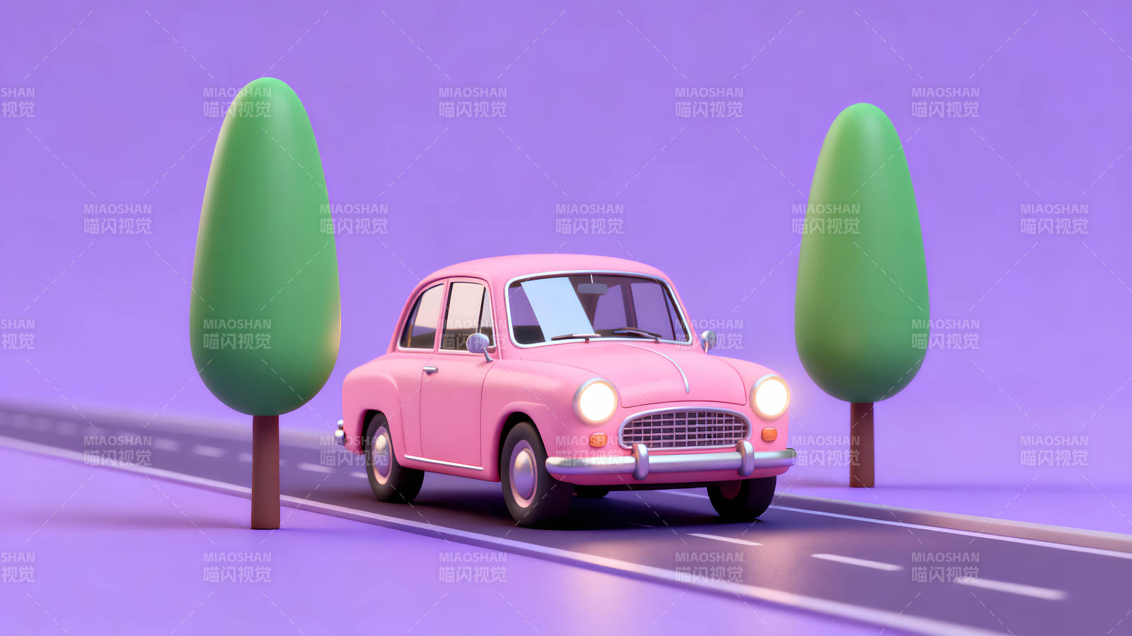 粉色复古汽车行驶在路上图片
