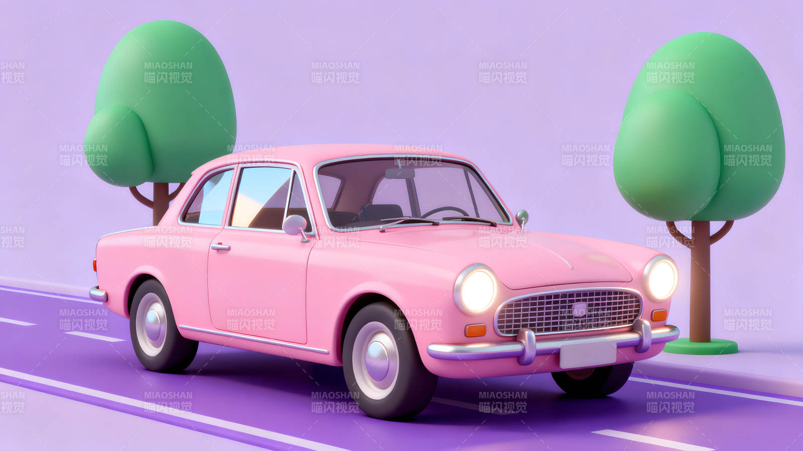 粉色汽车穿梭在卡通世界里图片